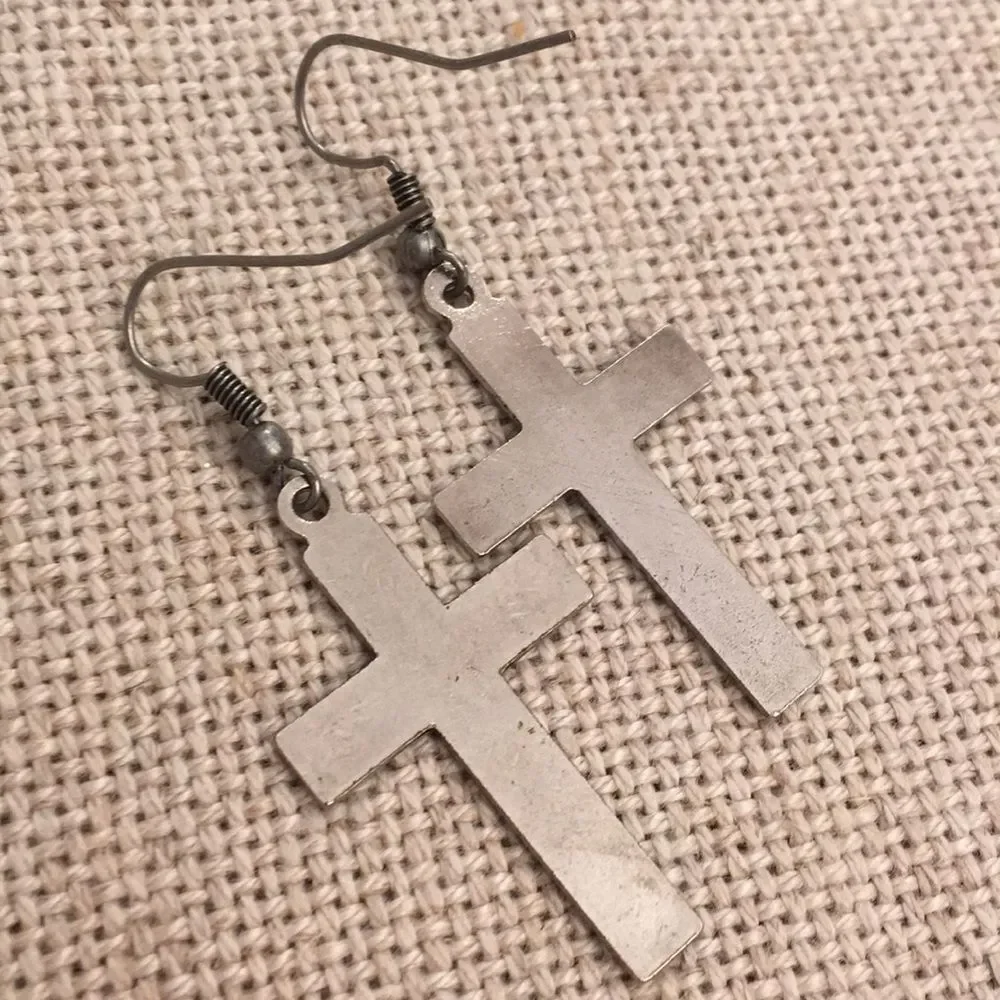Cross Earrings Oxidized Floral Design Silvertone